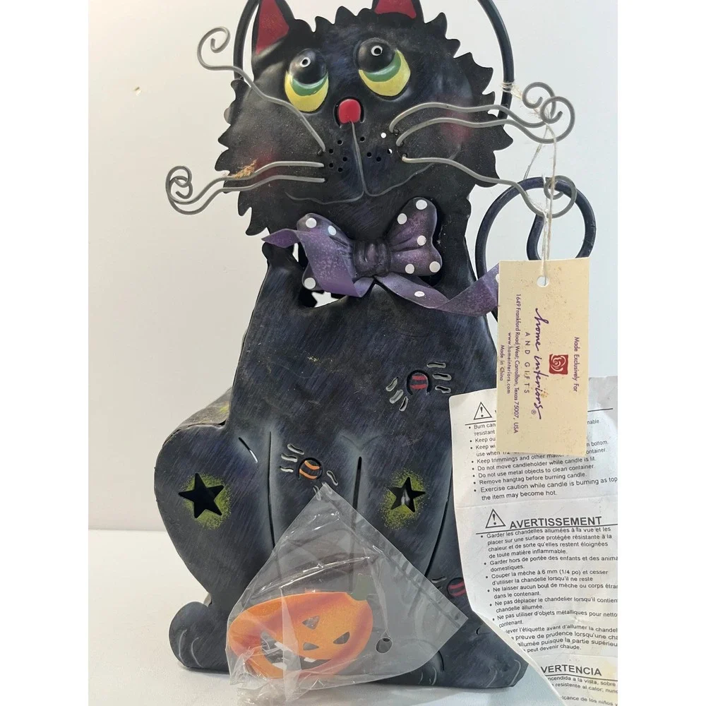 New Vtg Home Interiors Halloween Black Cat Lantern Candle Holder Haunted House